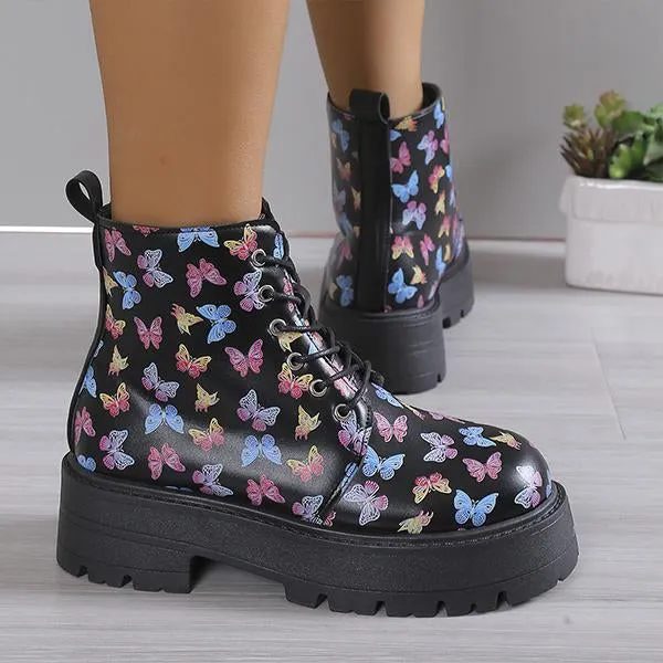 Women's Snowflake Butterfly Print Thick Sole Martin Boots 28953744S
