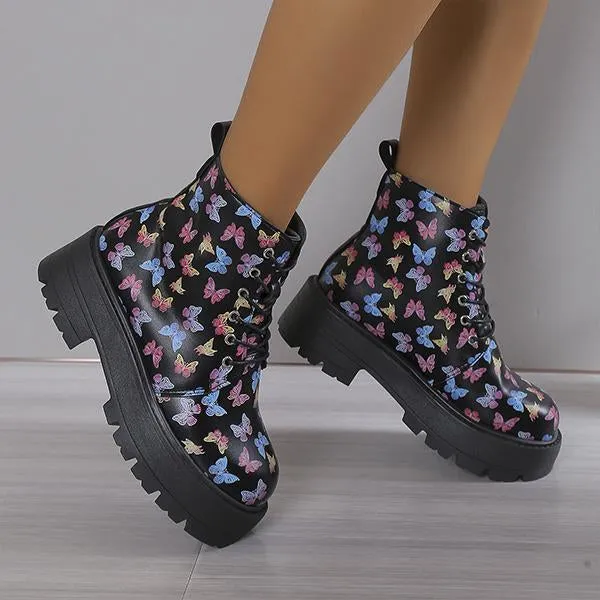 Women's Snowflake Butterfly Print Thick Sole Martin Boots 28953744S