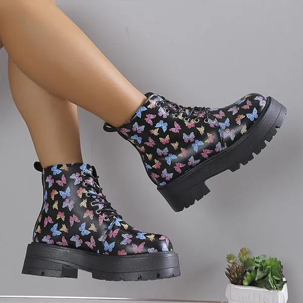 Women's Snowflake Butterfly Print Thick Sole Martin Boots 28953744S