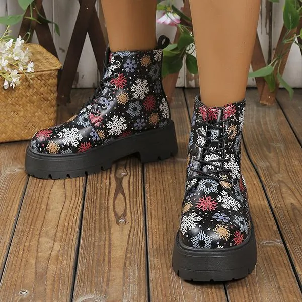 Women's Snowflake Butterfly Print Thick Sole Martin Boots 28953744S