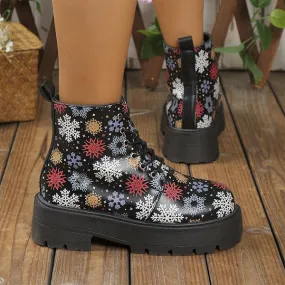 Women's Snowflake Butterfly Print Thick Sole Martin Boots 28953744S