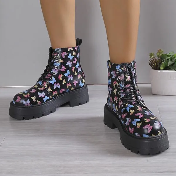 Women's Snowflake Butterfly Print Thick Sole Martin Boots 28953744S