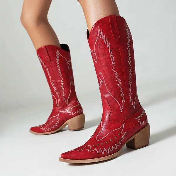 Women's Studded Retro Thick Heel Western Boots 05548681S