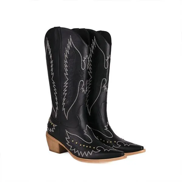 Women's Studded Retro Thick Heel Western Boots 05548681S