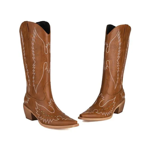 Women's Studded Retro Thick Heel Western Boots 05548681S