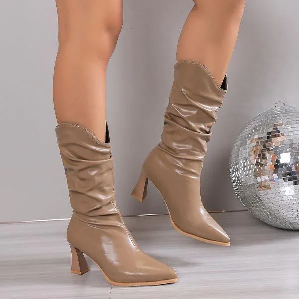 Women's Stylish Pointed Toe Pleated Mid-Calf Boots 04612032S