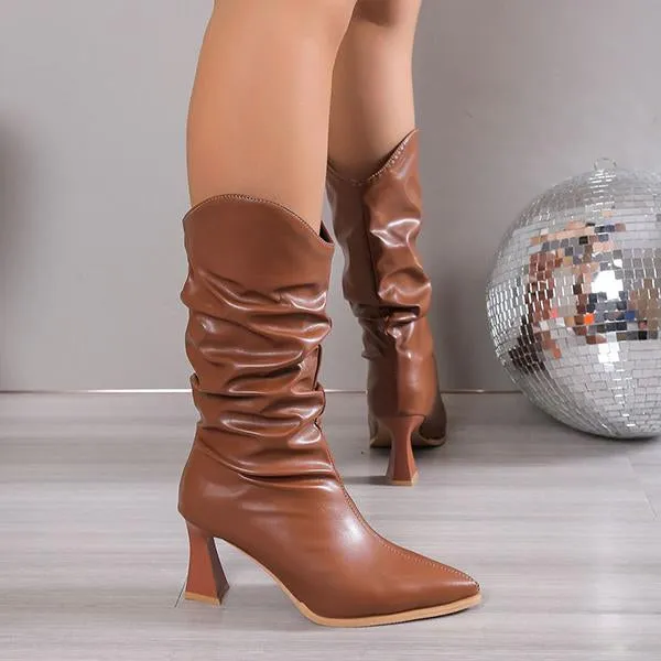 Women's Stylish Pointed Toe Pleated Mid-Calf Boots 04612032S